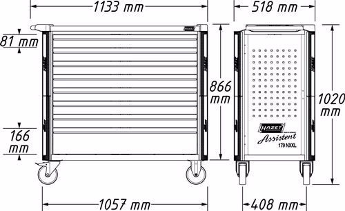 Technische Zeichnung 4130335 Werkzeugwagen 179NXXL-7/340 B1131xT518xH1020mm 1000 kg 7 Schubladen 340-teilig Stahlblech HAZET