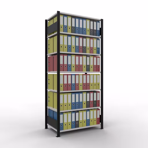 Produktbild Nr 12 des Artikels Grundregal, Büro-Fachbodenregal Stecksystem MULTIplus150, 2300 x 1000 x 600 mm (HxBxT), 7 Fachböden, Längenriegel, ohne Mittelanschlag, schwarz/lichtgrau Abbildung Nr 12 des Artikels Grundregal, Büro-Fachbodenregal Stecksystem MULTIplus150, 2300 x 1000 x 600 mm (HxBxT), 7 Fachböden, Längenriegel, ohne Mittelanschlag, schwarz/lichtgrau aus der Produktgruppe Büroregale von der Marke Schulte Lagertechnik