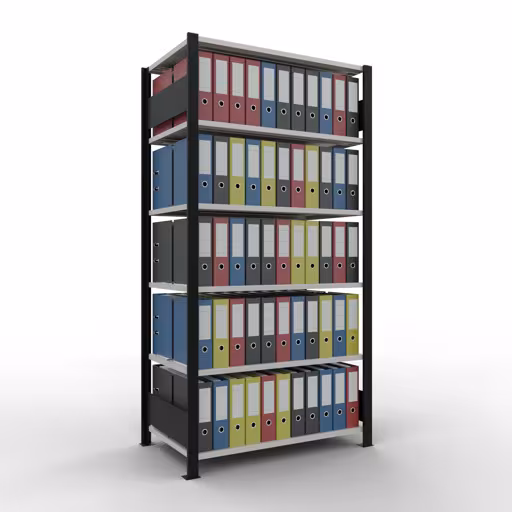 Abbildung Nr 12 des Artikels Grundregal, Büro-Fachbodenregal Stecksystem MULTIplus150, 2000 x 1000 x 600 mm (HxBxT), 6 Fachböden, Längenriegel, mit Mittelanschlag, schwarz/lichtgrau aus der Produktgruppe Büroregale von der Marke Schulte Lagertechnik