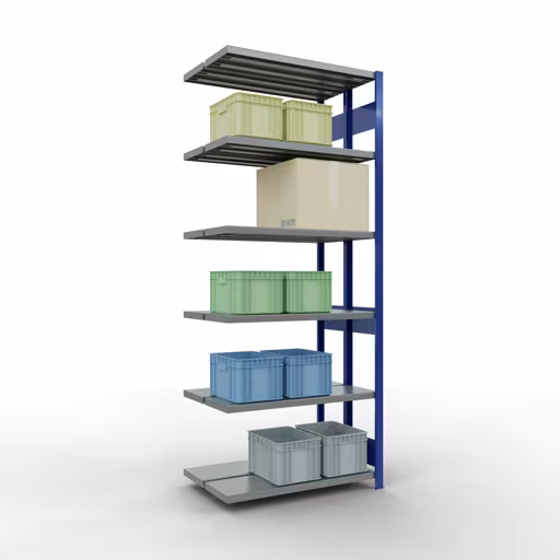 Anbauregal, Doppelregal, Fachbodenregal Stecksystem MULTIplus250, 2500 x 1000 x (2x300) mm (HxBxT), 2x6 Fachböden, Längenriegel, RAL 5010 enzianblau von der Marke Schulte Lagertechnik aus der Produktreihe Fachbodenregale