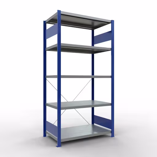Grundregal, Fachbodenregal Stecksystem MULTIplus250, 2000 x 1000 x 600 mm (HxBxT), 5 Fachböden, Kreuzstrebe, RAL 5010 enzianblau/verzinkt aus der Kategorie Grundregal mit der Artikelnummer 12960-B