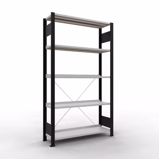 Grundregal, Büro-Fachbodenregal Stecksystem MULTIplus85, 1800 x 1000 x 300 mm (HxBxT), 5 Fachböden, Kreuzstrebe, mit Anschlagleiste, schwarz/lichtgrau aus der Kategorie Stecksystem mit der Artikelnummer 36001-S
