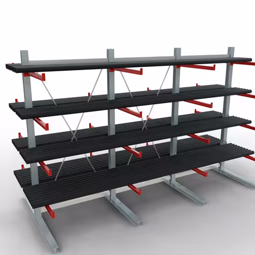 Abbildung Nr 12 des Artikels K 6000 Komplettregal, doppelseitig, 3000 x 4500 x 2x 1000 mm, RAL 7001 / RAL 3000, 5 Lagerebenen aus der Produktgruppe Kragarmregale von der Marke Schulte Lagertechnik