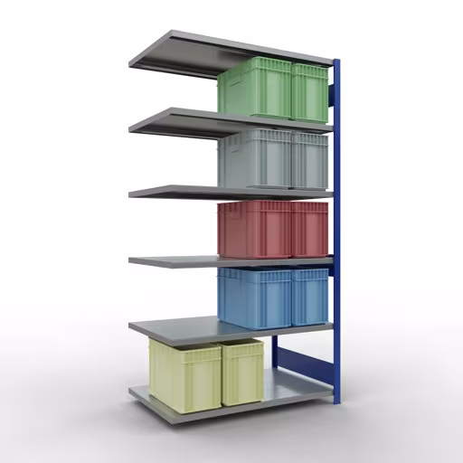 Anbauregal, Fachbodenregal Stecksystem MULTIplus250, 2500 x 1300 x 800 mm (HxBxT), 6 Fachböden, Längenriegel, RAL 5010 enzianblau/verzinkt von der Marke Schulte Lagertechnik aus der Produktreihe Stecksystem