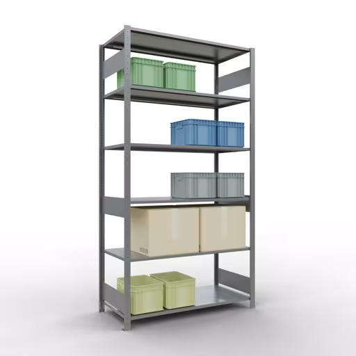 Grundregal, Fachbodenregal Stecksystem MULTIplus150, 2500 x 1300 x 600 mm (HxBxT), 6 Fachböden, Längenriegel, verzinkt mit der GTIN 4004514280893 Grundregal, Fachbodenregal Stecksystem MULTIplus150, 2500 x 1300 x 600 mm (HxBxT), 6 Fachböden, Längenriegel, verzinkt von Schulte Lagertechnik mit der Artikelnr. 12761-130-LR