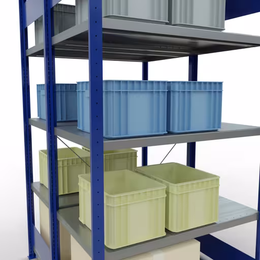 Zusatzbild des Artikels Grundregal, Doppelregal, Fachbodenregal Stecksystem MULTIplus250, 2000 x 1000 x (2x600) mm (HxBxT), 2x5 Fachböden, Kreuzstrebe, RAL 5010 enzianblau aus Doppelregale