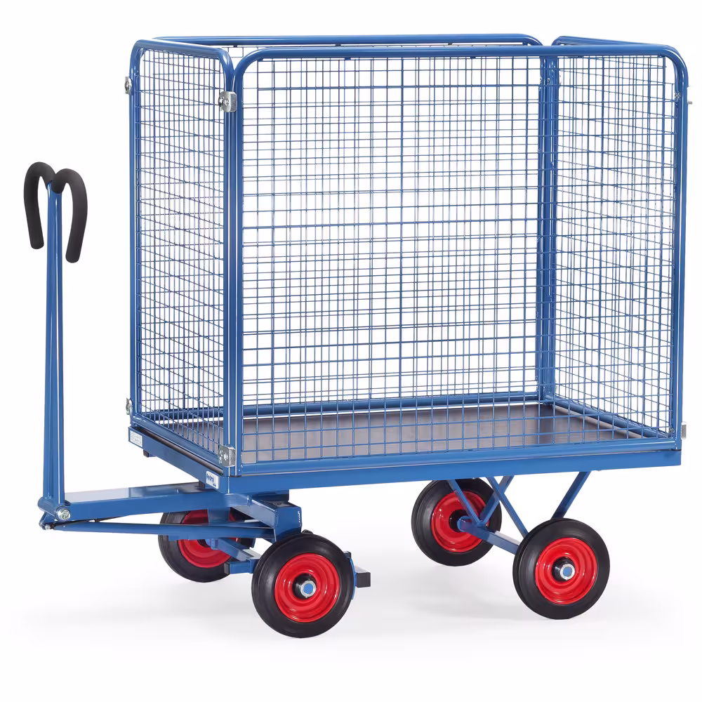 Handpritschenwagen 6443V Breite 800 mm, Länge 1200 mm, Bereifung Vollgummi von der Marke Fetra Handpritschenwagen Drahtgitter 1000 mm Drehschemel-Lenkung mit Kugelkranz, Scherendeichsel mit Sicherheits-Handgriff mit Softgrip-Bezug Typ Ladeflächenbreite: 800 mm aus der Kategorie Handwagen/Pritschenwagen mit der Artikelnr. 6443V