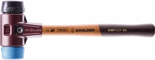 Marteau à tête souple de marque Halder SIMPLEX, longueur 300 mm, diamètre de la tête 30 mm, souple/moyennement dur, tête en bois, TPE-souple bleu/caoutchouc noir. Marteau HALDER SIMPLEX en bois tendre/mi-dur, tête souple en TPE bleu/caoutchouc noir, de la catégorie Marteaux, référence 4000811722