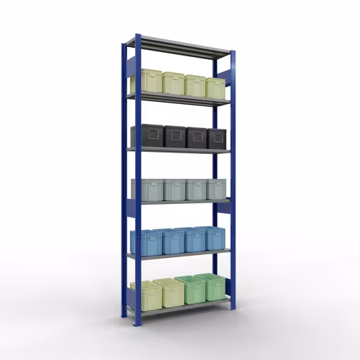 Grundregal, Fachbodenregal Stecksystem MULTIplus150, 2500 x 1000 x 300 mm (HxBxT), 6 Fachböden, Längenriegel, RAL 5010 enzianblau/verzinkt mit der GTIN 4004514279569 Grundregal, Fachbodenregal Stecksystem MULTIplus150, 2500 x 1000 x 300 mm (HxBxT), 6 Fachböden, Längenriegel, RAL 5010 enzianblau/verzinkt von Schulte Lagertechnik mit der Artikelnr. 12731-LR-B