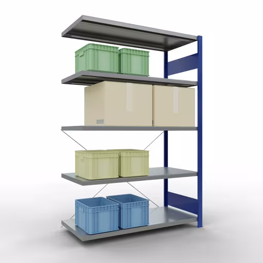 Produktbild Nr 12 des Artikels Anbauregal, Fachbodenregal Stecksystem MULTIplus250, 2000 x 1300 x 600 mm (HxBxT), 5 Fachböden, Kreuzstrebe, RAL 5010 enzianblau/verzinkt Abbildung Nr 12 des Artikels Anbauregal, Fachbodenregal Stecksystem MULTIplus250, 2000 x 1300 x 600 mm (HxBxT), 5 Fachböden, Kreuzstrebe, RAL 5010 enzianblau/verzinkt aus der Produktgruppe Stecksystem von der Marke Schulte Lagertechnik