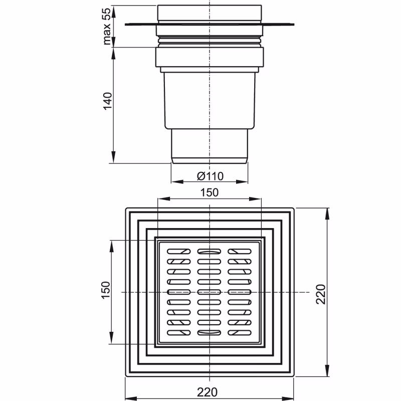 APV Bodenablauf | Duschablauf mit Siphon DN100 Edelstahlrost 150x150 mm senkrecht von AlcaPlast mit der Artikelnr. APV13