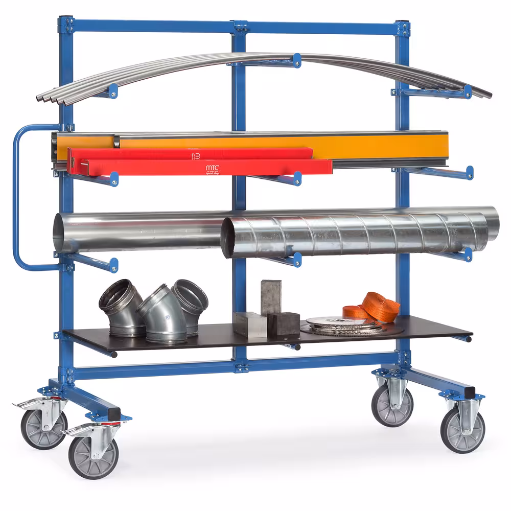 Tragarmwagen einseitg PVC Rahmen aus stabilem Quadratrohr Ausführung Ladeflächenbreite: 800 mm mit der GTIN 4017976461410 Tragarmwagen 4614-1 Breite 800 mm, Länge 1200 mm von Fetra mit der Artikelnr. 4614-1