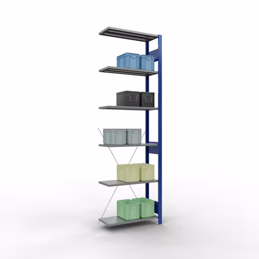 Produktbild Nr.13 des Artikels Anbauregal, Fachbodenregal Stecksystem MULTIplus150, 2500 x 750 x 300 mm (HxBxT), 6 Fachböden, Kreuzstrebe, RAL 5010 enzianblau/verzinkt/verzinkt aus der Produktreihe Stecksystem von der Marke Schulte Lagertechnik