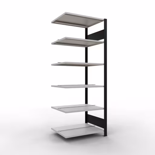 Anbauregal, Büro-Fachbodenregal Stecksystem MULTIplus150, 2000 x 750 x 600 mm (HxBxT), 6 Fachböden, Längenriegel, mit Mittelanschlag, schwarz/lichtgrau aus der Kategorie Stecksystem mit der Artikelnummer 36045-S
