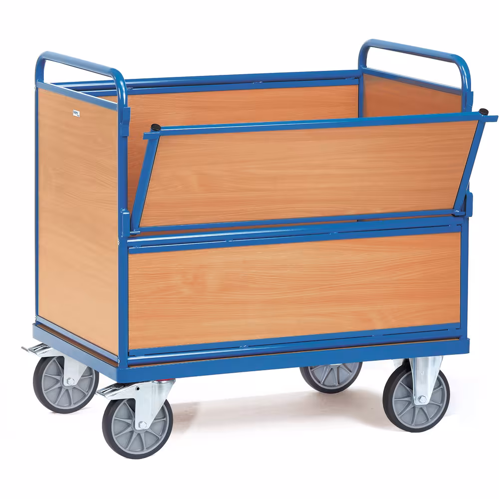 Holzkastenwagen pulverbeschichtet blau RAL 5007, Boden aus Holzwerkstoffplatte, Oberfläche Buchendekor aus der Kategorie Wagen