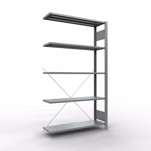 Anbauregal, Büro-Fachbodenregal Stecksystem MULTIplus85, 1800 x 1000 x 300 mm (HxBxT), 5 Fachböden, Kreuzstrebe, verzinkt, ohne Anschlagleiste aus der Kategorie Stecksystem mit der Artikelnummer 17722