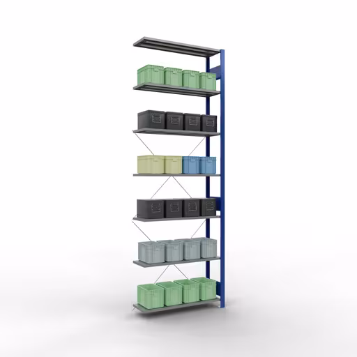 Produktbild Nr 15 des Artikels Anbauregal, Fachbodenregal Stecksystem MULTIplus85, 3000 x 1000 x 300 mm (HxBxT), 7 Fachböden, Kreuzstrebe, RAL 5010 enzianblau Abbildung Nr 15 des Artikels Anbauregal, Fachbodenregal Stecksystem MULTIplus85, 3000 x 1000 x 300 mm (HxBxT), 7 Fachböden, Kreuzstrebe, RAL 5010 enzianblau aus der Produktgruppe Stecksystem von der Marke Schulte Lagertechnik