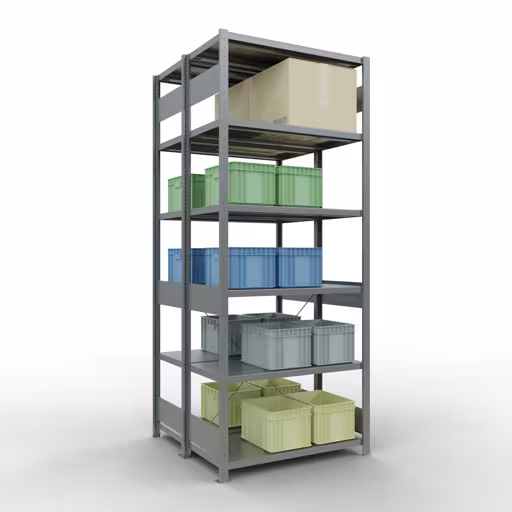 Grundregal, Doppelregal, Fachbodenregal Stecksystem MULTIplus250, 2500 x 1000 x (2x500) mm (HxBxT), 2x6 Fachböden, Kreuzstrebe, verzinkt von der Marke Schulte Lagertechnik aus der Produktreihe Fachbodenregale