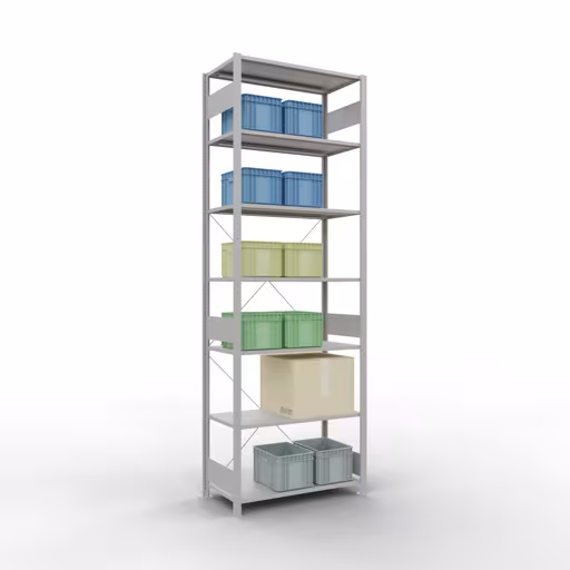 Grundregal, Fachbodenregal Stecksystem MULTIplus150, 3000 x 1000 x 500 mm (HxBxT), 7 Fachböden, Kreuzstrebe, RAL 7035 lichtgrau aus der Kategorie Grundregal mit der GTIN 4004514203786 Grundregal, Fachbodenregal Stecksystem MULTIplus150, 3000 x 1000 x 500 mm (HxBxT), 7 Fachböden, Kreuzstrebe, RAL 7035 lichtgrau von der Marke Schulte Lagertechnik aus der Produktreihe Stecksystem