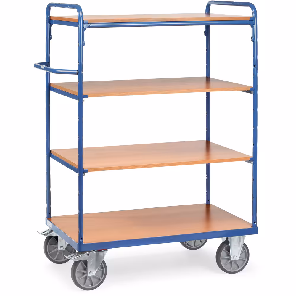 Etagenwagen offen 4 Etagen Baukasten-System, aus Stahlrohr und Profilstahl geschweißt, pulverbeschichtet blau RAL 5007, Schraubkonstruktion aus der Kategorie Etagenwagen