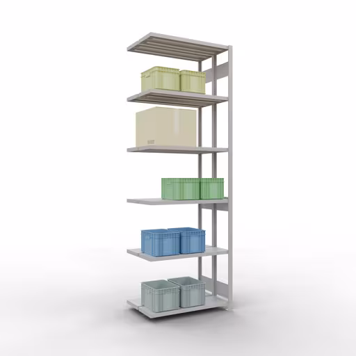 Anbauregal, Doppelregal, Fachbodenregal Stecksystem MULTIplus250, 3000 x 1000 x (2x300) mm (HxBxT), 2x7 Fachböden, Längenriegel, RAL 7035 lichtgrau mit der GTIN 4058255035700 Anbauregal, Doppelregal, Fachbodenregal Stecksystem MULTIplus250, 3000 x 1000 x (2x300) mm (HxBxT), 2x7 Fachböden, Längenriegel, RAL 7035 lichtgrau von Schulte Lagertechnik mit der Artikelnr. 33237