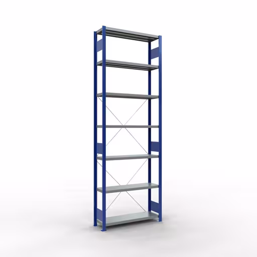 Grundregal, Fachbodenregal Stecksystem MULTIplus330, 3000 x 1000 x 300 mm (HxBxT), 7 Fachböden, Kreuzstrebe, RAL 5010 enzianblau/verzinkt aus der Kategorie Grundregal mit der Artikelnummer 13932-B