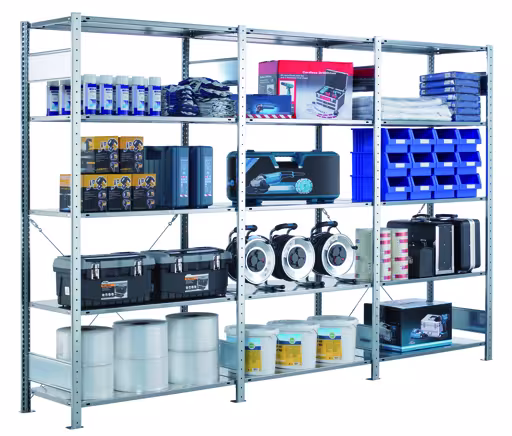Abbildung Nr 7 des Artikels Grundregal, Fachbodenregal Stecksystem MULTIplus85, 3000 x 1000 x 500 mm (HxBxT), 7 Fachböden, Kreuzstrebe, verzinkt aus der Produktgruppe Stecksystem von der Marke Schulte Lagertechnik