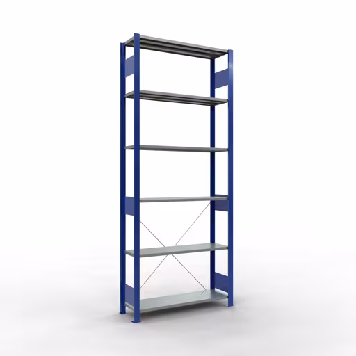 Abbildung Nr 10 des Artikels Grundregal, Fachbodenregal Stecksystem MULTIplus85, 2500 x 1000 x 300 mm (HxBxT), 6 Fachböden, Kreuzstrebe, RAL 5010 enzianblau aus der Produktgruppe Stecksystem von der Marke Schulte Lagertechnik
