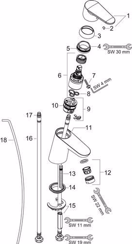 Technische Zeichnung 4032161 Hansgrohe Einhebel-Waschtischmischer FOCUS 70 Nennweite 15 mit Zugstangen-Ablaufgarnitur 1 1/4 Zoll chrom