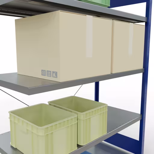 Zusatzbild des Artikels Anbauregal, Fachbodenregal Stecksystem MULTIplus250, 2000 x 1300 x 600 mm (HxBxT), 5 Fachböden, Kreuzstrebe, RAL 5010 enzianblau/verzinkt aus Anbauregal
