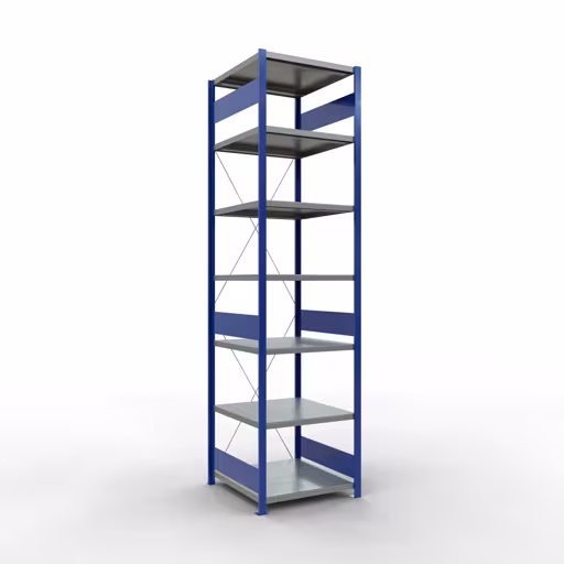 Grundregal, Fachbodenregal Stecksystem MULTIplus250, 3000 x 750 x 800 mm (HxBxT), 7 Fachböden, Kreuzstrebe, RAL 5010 enzianblau/verzinkt/verzinkt von der Marke Schulte Lagertechnik Grundregal, Fachbodenregal Stecksystem MULTIplus250, 3000 x 750 x 800 mm (HxBxT), 7 Fachböden, Kreuzstrebe, RAL 5010 enzianblau/verzinkt/verzinkt aus der Kategorie Grundregal mit der Artikelnummer 12982-75-B