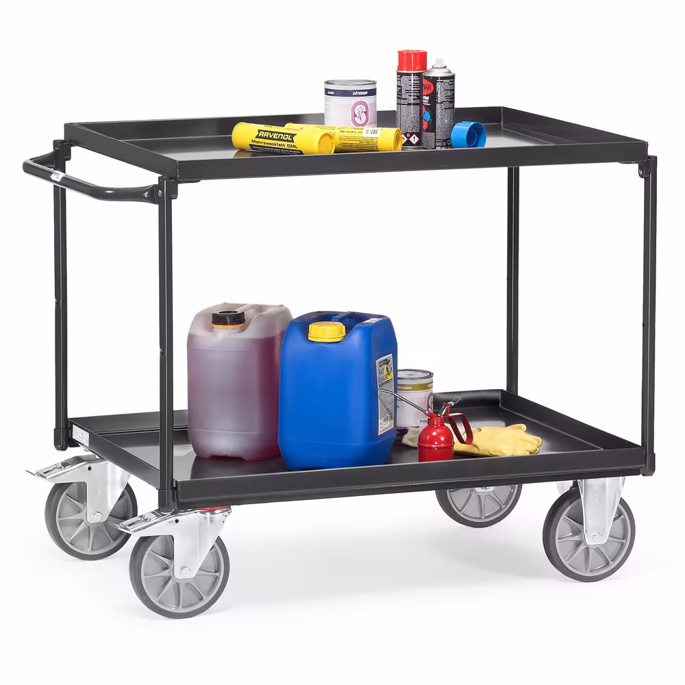 Tischwagen Wannen 7016 2 Etagen Stahlrohrbügel und Stahlblechwannen verschraubt, Wannen öldicht, Rand 40 mm hoch Ausführung Ladeflächenlänge: 850 mm mit der GTIN 4017976748207 Tischwagen 4820-7016 Breite 500 mm, Länge 850 mm von Fetra mit der Artikelnr. 4820-7016