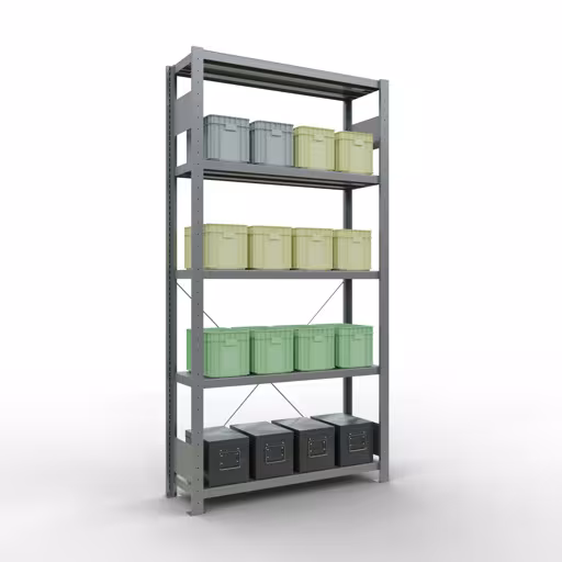 Grundregal, Fachbodenregal Stecksystem MULTIplus250, 2000 x 1000 x 300 mm (HxBxT), 5 Fachböden, Kreuzstrebe, verzinkt mit der Artikelnr. 12930 Grundregal, Fachbodenregal Stecksystem MULTIplus250, 2000 x 1000 x 300 mm (HxBxT), 5 Fachböden, Kreuzstrebe, verzinkt von Schulte Lagertechnik aus der Kategorie Stecksystem