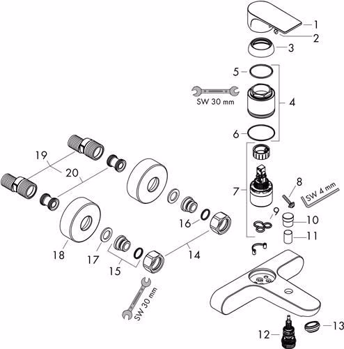 Technische Zeichnung 4004557 Hansgrohe Einhebel-Wannenmischer Rebris E Aufputz chrom