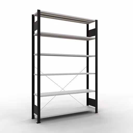 Grundregal, Büro-Fachbodenregal Stecksystem MULTIplus85, 2000 x 1300 x 300 mm (HxBxT), 6 Fachböden, Kreuzstrebe, ohne Anschlagleiste, schwarz/lichtgrau von der Marke Schulte Lagertechnik Grundregal, Büro-Fachbodenregal Stecksystem MULTIplus85, 2000 x 1300 x 300 mm (HxBxT), 6 Fachböden, Kreuzstrebe, ohne Anschlagleiste, schwarz/lichtgrau aus der Kategorie Stecksystem mit der Artikelnummer 36026-S