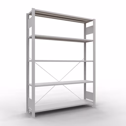 Grundregal, Büro-Fachbodenregal Stecksystem MULTIplus85, 1800 x 1300 x 300 mm (HxBxT), 5 Fachböden, Kreuzstrebe, ohne Anschlagleiste, lichtgrau aus der Kategorie Stecksystem mit der Artikelnummer 36020