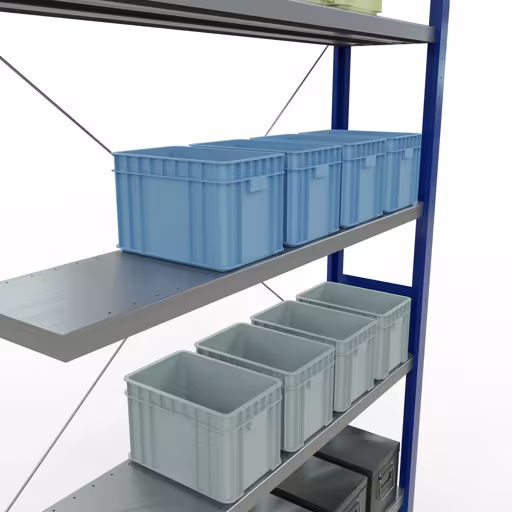 Produktbild Nr 13 des Artikels Anbauregal, Fachbodenregal Stecksystem MULTIplus250, 3000 x 1300 x 300 mm (HxBxT), 7 Fachböden, Kreuzstrebe, RAL 5010 enzianblau/verzinkt Abbildung Nr 13 des Artikels Anbauregal, Fachbodenregal Stecksystem MULTIplus250, 3000 x 1300 x 300 mm (HxBxT), 7 Fachböden, Kreuzstrebe, RAL 5010 enzianblau/verzinkt aus der Produktgruppe Stecksystem von der Marke Schulte Lagertechnik