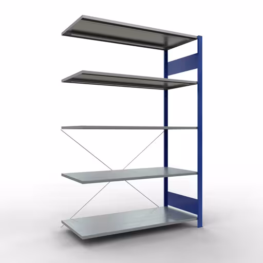 Anbauregal, Fachbodenregal Stecksystem MULTIplus150, 2000 x 1300 x 600 mm (HxBxT), 5 Fachböden, Kreuzstrebe, RAL 5010 enzianblau/verzinkt von der Marke Schulte Lagertechnik Anbauregal, Fachbodenregal Stecksystem MULTIplus150, 2000 x 1300 x 600 mm (HxBxT), 5 Fachböden, Kreuzstrebe, RAL 5010 enzianblau/verzinkt aus der Kategorie Anbauregal mit der Artikelnummer 12765-130-B