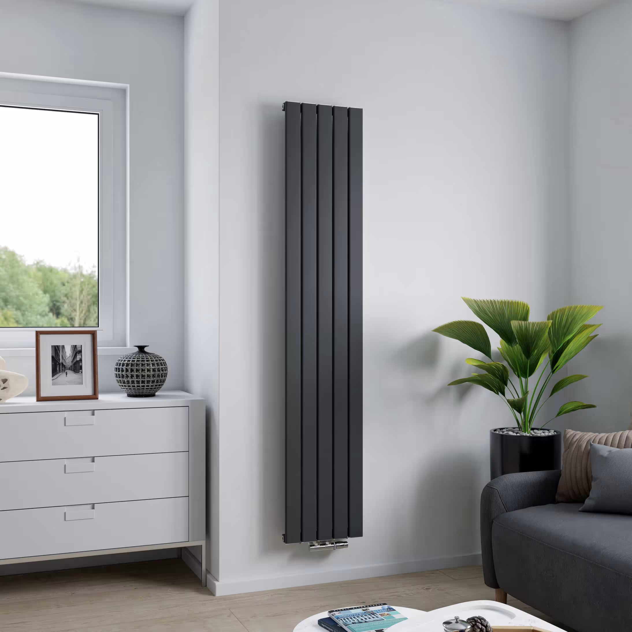 Ximax aluminium radiator Levis middenaansluiting antraciet structuur versie maat: 1800x415 mm met de GTIN 9006547115277 Aluminium radiator Levis 1800 mm x 415 mm 822 watt middenaansluiting antraciet structuur van Ximax met art.nr. 11527