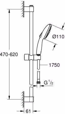 Technische Zeichnung 4019036 GROHE Brausestangenset Tempesta 110 27598_3 600 mm 2 Strahl 13,5 l/min chrom