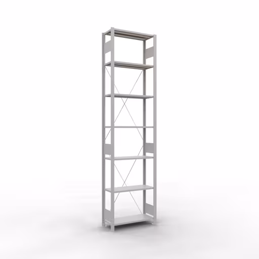 Grundregal, Fachbodenregal Stecksystem MULTIplus150, 3000 x 750 x 300 mm (HxBxT), 7 Fachböden, Kreuzstrebe, RAL 7035 lichtgrau von Schulte Lagertechnik mit der Artikelnr. 32632-75