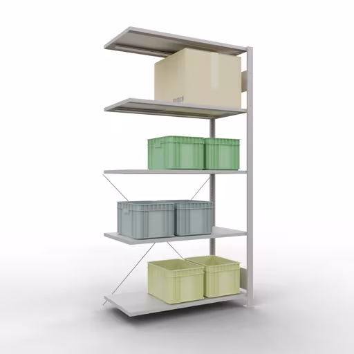 Anbauregal, Eckregal (Feld C) 2000 x 1000 x 500, 5 Fachböden, Kreuzstrebe, RAL 7035 lichtgrau mit der Artikelnr. 32655-ECK Anbauregal, Eckregal (Feld C) 2000 x 1000 x 500, 5 Fachböden, Kreuzstrebe, RAL 7035 lichtgrau von Schulte Lagertechnik aus der Kategorie Fachbodenregale