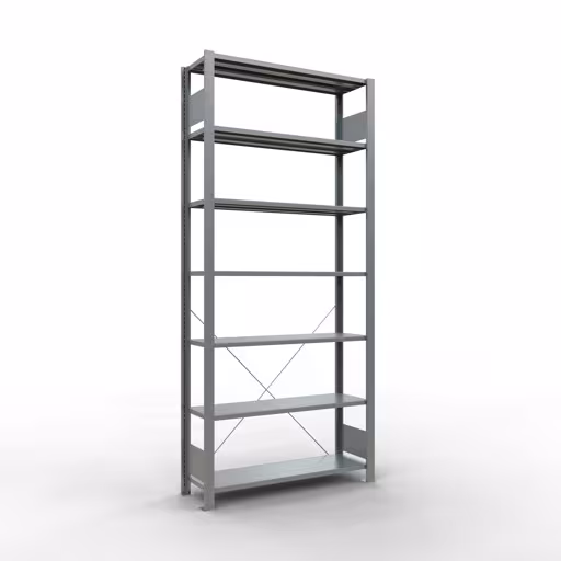 Grundregal, Büro-Fachbodenregal Stecksystem MULTIplus85, 2300 x 1000 x 300 mm (HxBxT), 7 Fachböden, Kreuzstrebe, verzinkt, ohne Anschlagleiste aus der Kategorie Stecksystem mit der Artikelnummer 17731