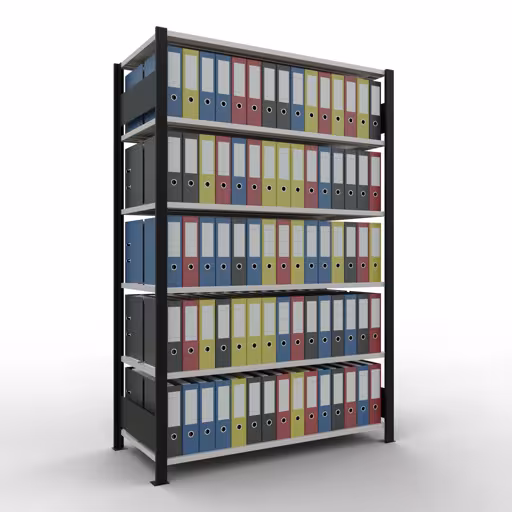 Grundregal, Büro-Fachbodenregal Stecksystem MULTIplus150, 2000 x 1300 x 600 mm (HxBxT), 6 Fachböden, Längenriegel, mit Mittelanschlag, schwarz/lichtgrau von der Marke Schulte Lagertechnik aus der Produktreihe Büroregale