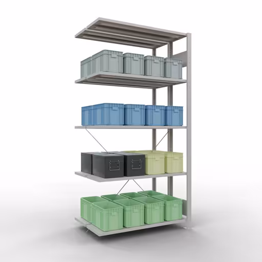 Produktbild Nr 11 des Artikels Anbauregal, Doppelregal, Fachbodenregal Stecksystem MULTIplus150, 2000 x 1000 x (2x300) mm (HxBxT), 2x5 Fachböden, Kreuzstrebe, RAL 7035 lichtgrau Abbildung Nr 11 des Artikels Anbauregal, Doppelregal, Fachbodenregal Stecksystem MULTIplus150, 2000 x 1000 x (2x300) mm (HxBxT), 2x5 Fachböden, Kreuzstrebe, RAL 7035 lichtgrau aus der Produktgruppe Fachbodenregale von der Marke Schulte Lagertechnik