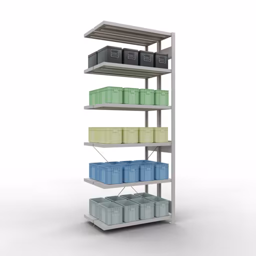 Anbauregal, Doppelregal, Fachbodenregal Stecksystem MULTIplus250, 2500 x 1000 x (2x300) mm (HxBxT), 2x6 Fachböden, Kreuzstrebe, RAL 7035 lichtgrau mit der Artikelnr. 32136-A Anbauregal, Doppelregal, Fachbodenregal Stecksystem MULTIplus250, 2500 x 1000 x (2x300) mm (HxBxT), 2x6 Fachböden, Kreuzstrebe, RAL 7035 lichtgrau von Schulte Lagertechnik aus der Kategorie Fachbodenregale