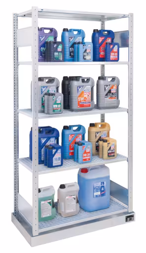 Grundregal, Kleingebinderegal, 2000 x 1000 x 500 mm (HxBxT), verzinkt, mit Auffangwanne (Volumen: 36 Liter) und 4 Gitterrostböden von der Marke Schulte Lagertechnik aus der Produktreihe Fachbodenregale