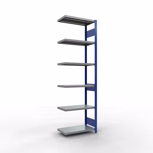 Anbauregal, Fachbodenregal Stecksystem MULTIplus250, 2500 x 750 x 400 mm (HxBxT), 6 Fachböden, Längenriegel, RAL 5010 enzianblau/verzinkt/verzinkt von der Marke Schulte Lagertechnik aus der Produktreihe Stecksystem