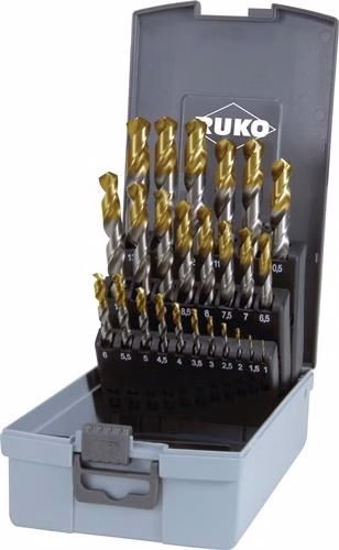 Set di punte elicoidali DIN 338 tipo N HSS con testa rivestita in TiN RUKO, appartenente alla categoria punte elicoidali, codice articolo 8000423832.