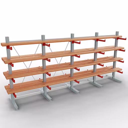 Produktbild Nr 13 des Artikels K 3000 Komplettregal, doppelseitig, 2500 x 5200 x 500 mm, RAL 7001 / RAL 3000, 5 Lagerebenen Abbildung Nr 13 des Artikels K 3000 Komplettregal, doppelseitig, 2500 x 5200 x 500 mm, RAL 7001 / RAL 3000, 5 Lagerebenen aus der Produktgruppe Kragarmregale von der Marke Schulte Lagertechnik